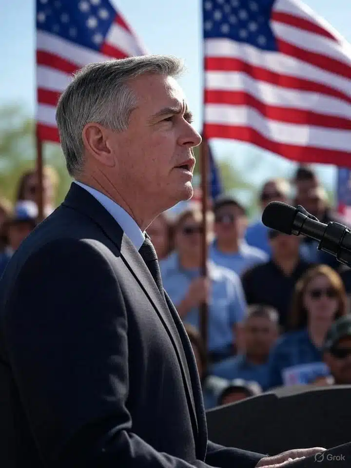 Man speaks into microphone at podium with American flags in the background