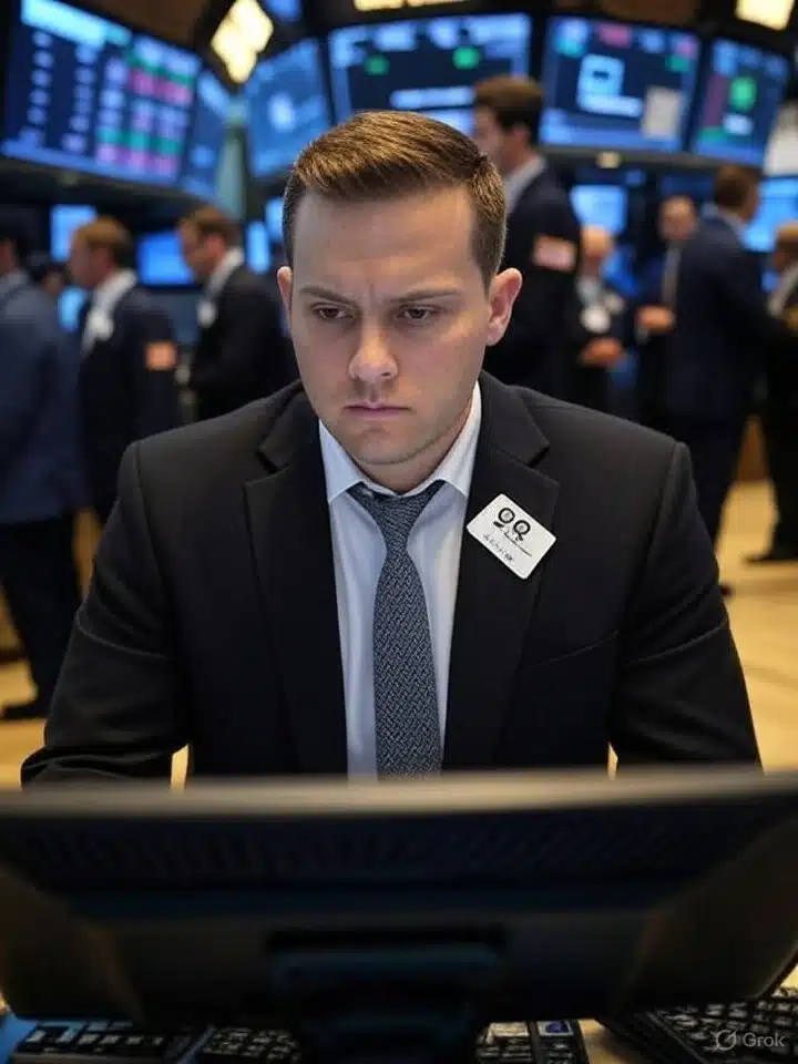 Man looks down at a computer screen with a busy stock exchange behind him.