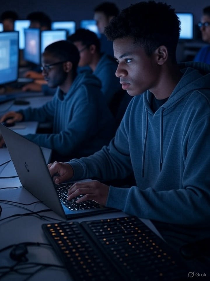 young man sits in a darkened room illuminated by the glow of multiple computer screens