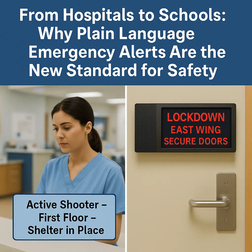 Plain language emergency alert display showing 'Lockdown East Wing Secure Doors' compared to confusing color codes
