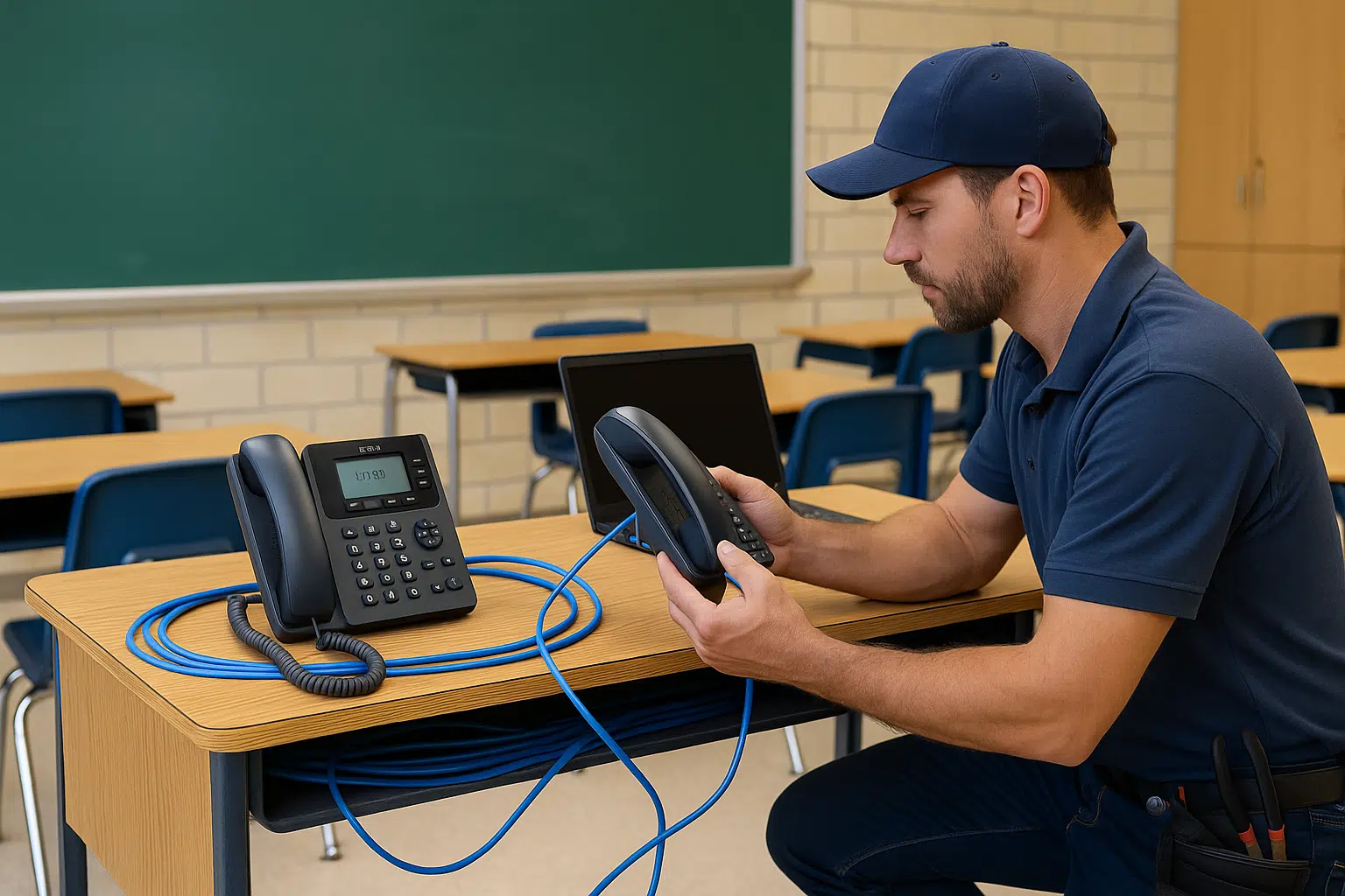 Phonewire technician installing VoIP phones at St. John the Evangelist Catholic School — classroom IP phone upgrade without new cabling