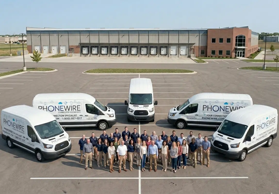 The Phonewire team outside a loading dock facility with the service fleet