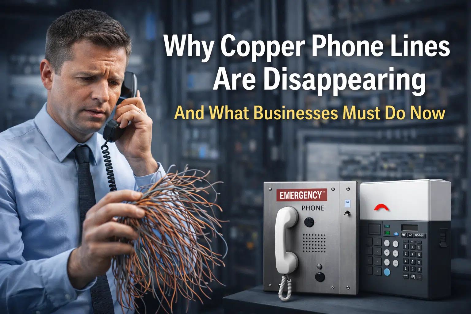 Businessman holding copper wire bundle next to emergency phone — copper POTS lines are being retired by major carriers nationwide