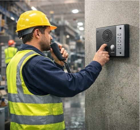 Factory worker using a wall-mounted paging and intercom station