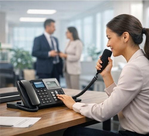 Office receptionist answering a video door entry intercom call