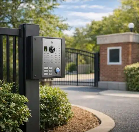 Outdoor gate intercom system — IP intercom station at facility entrance