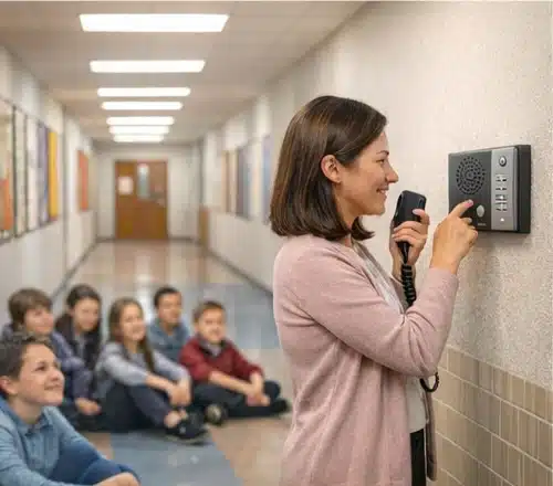 School intercom system — teacher using hallway intercom station