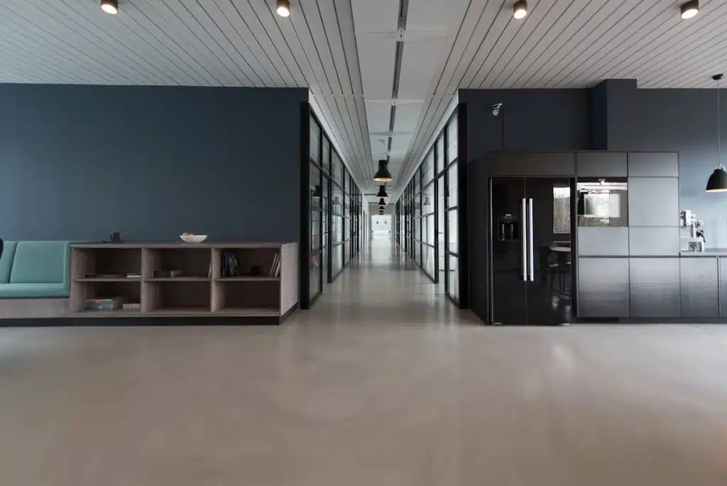 Modern office with multi-line phone system on desk