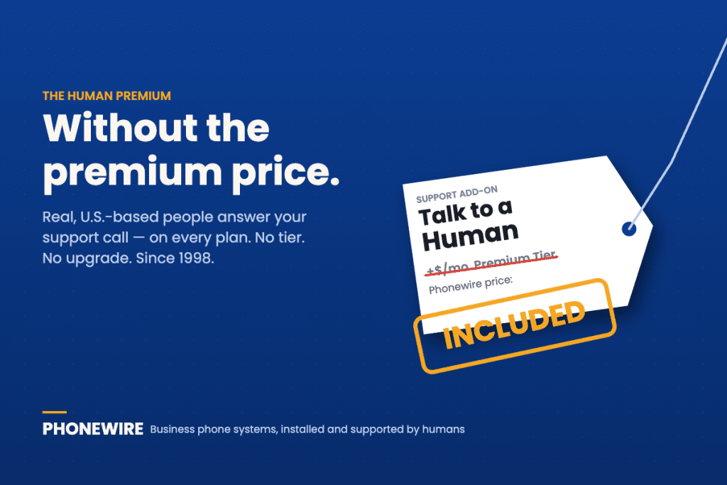A price tag reading Talk to a human, premium tier, with the premium price crossed out and Included stamped over it, next to the headline The human premium, without the premium price.